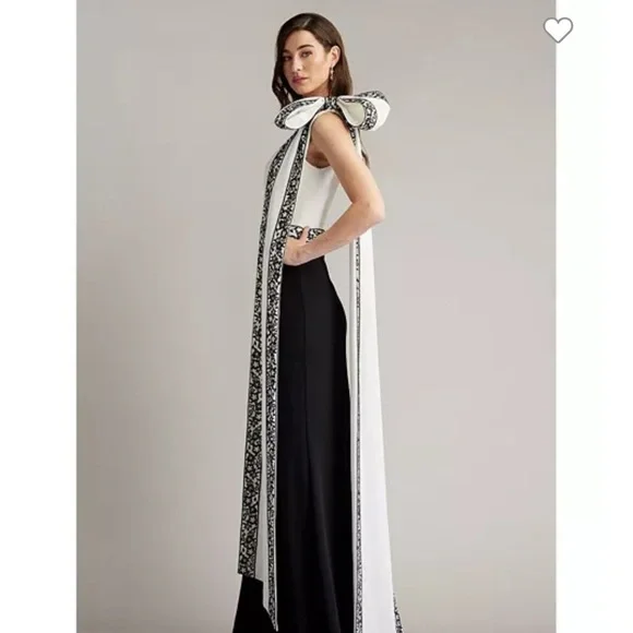Tadashi Shoji Asymmetrical Embellished Gown White and Black